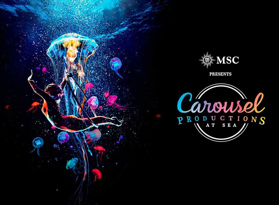An acrobat performing underwater with glowing jellyfish for Carousel Productions at Sea | MSC Cruises