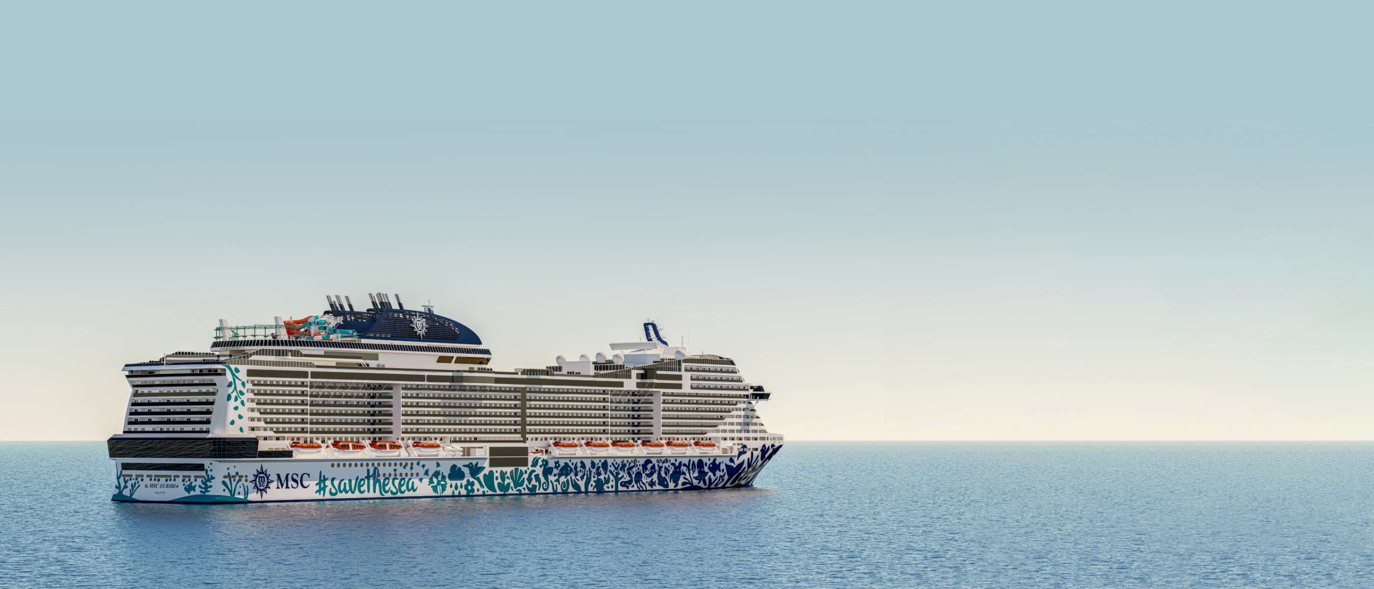 An MSC cruise ship with #savethesea artwork sailing on calm waters under a clear sky | MSC Cruises
