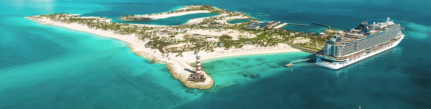 Aerial view of an MSC Cruise Ship docked at Ocean Cay Marine Reserve