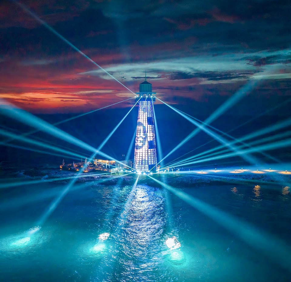 Ocean Cay lighthouse after dark.