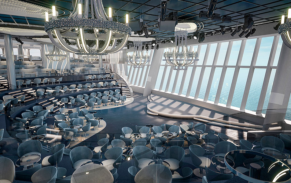Elegant onboard theater with tiered seating, chandeliers, and ocean views through large windows | MSC Cruises
