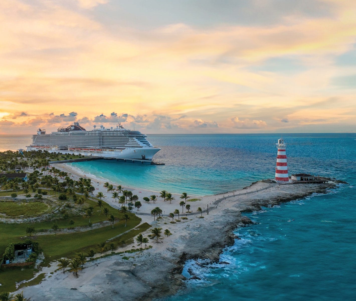 MSC Cruise ship docked at Private Island at Sunset | MSC Cruises