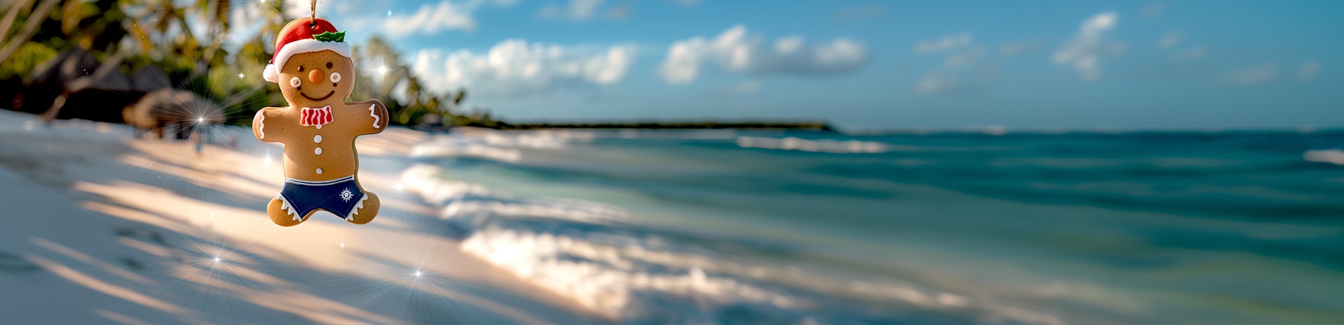 A gingerbread man in a Santa hat on a tropical beach with turquoise waters | MSC Cruises